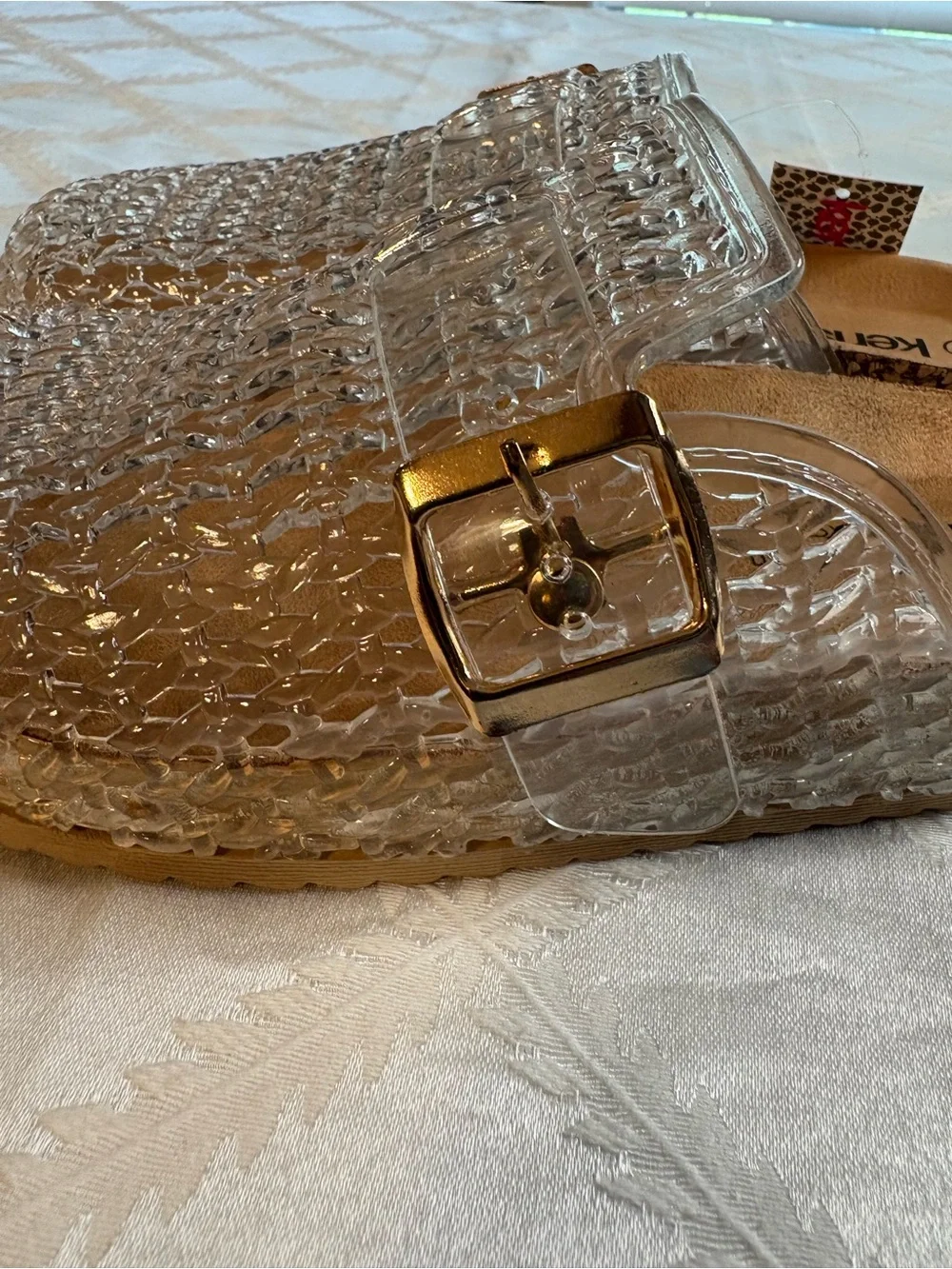 Kensie Clear Textured Jelly Slide Sandals with Metallic Buckle